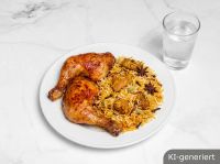 Hähnchenschenkel mit Biryani mit Getränk